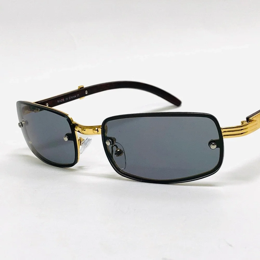 Rimless Rectangle Sunglasses Gold Frame Wood Arms Vintage Style‎ Fashion Lentes